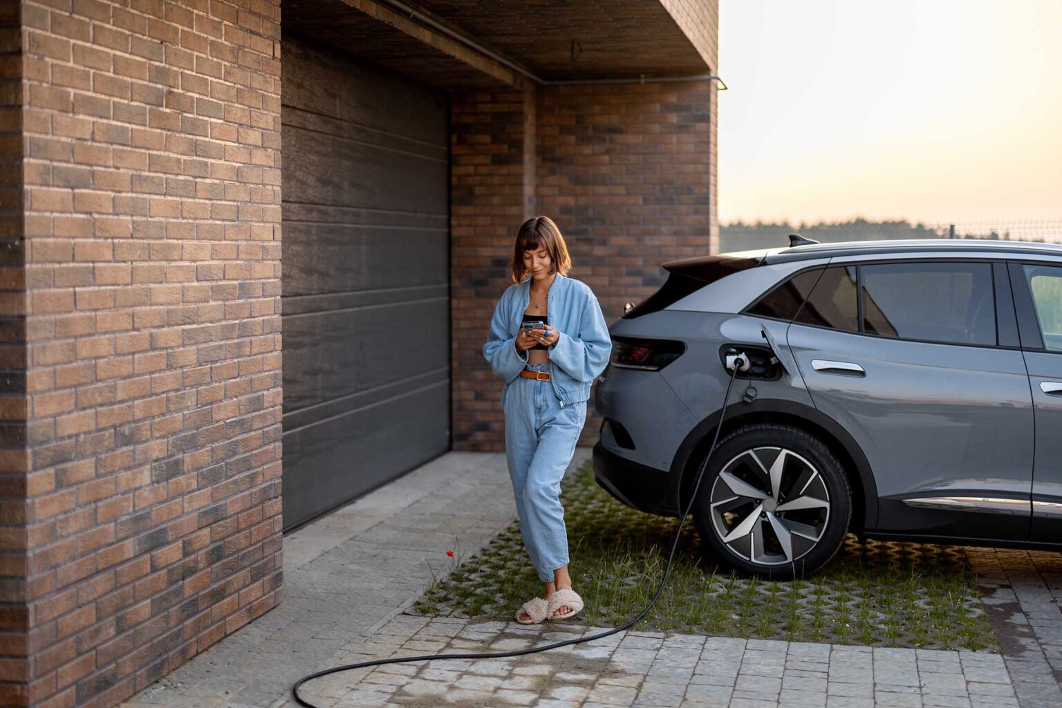 Homeowner charging an electric car at home