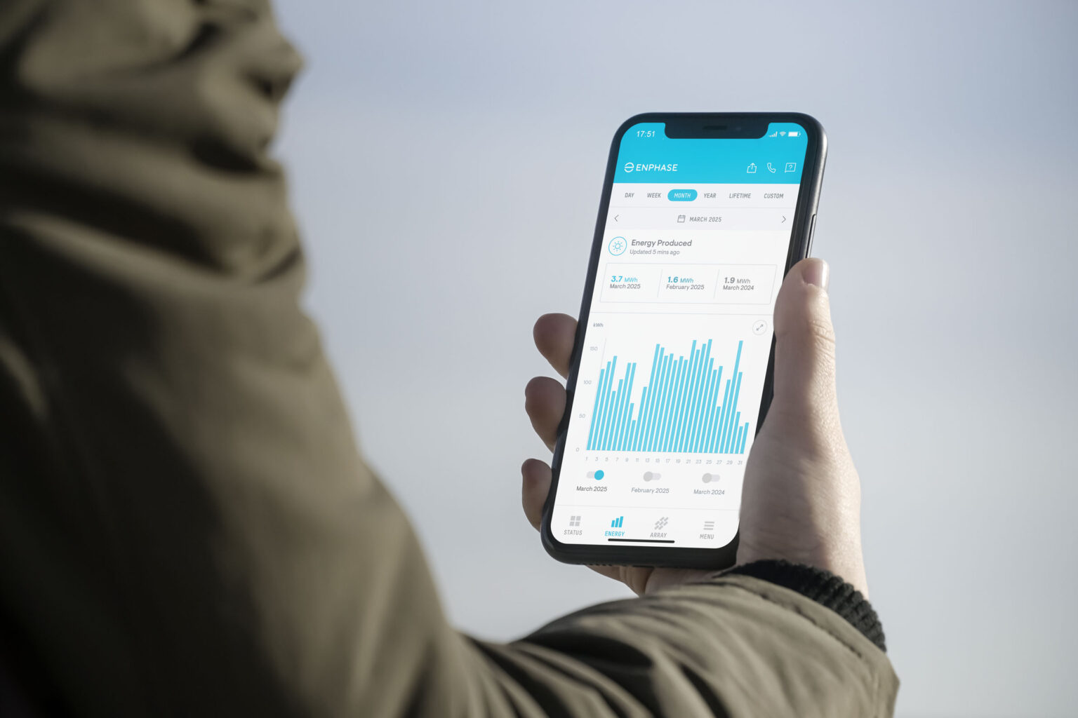 Homeowner checking solar production and grid usage in a phone app